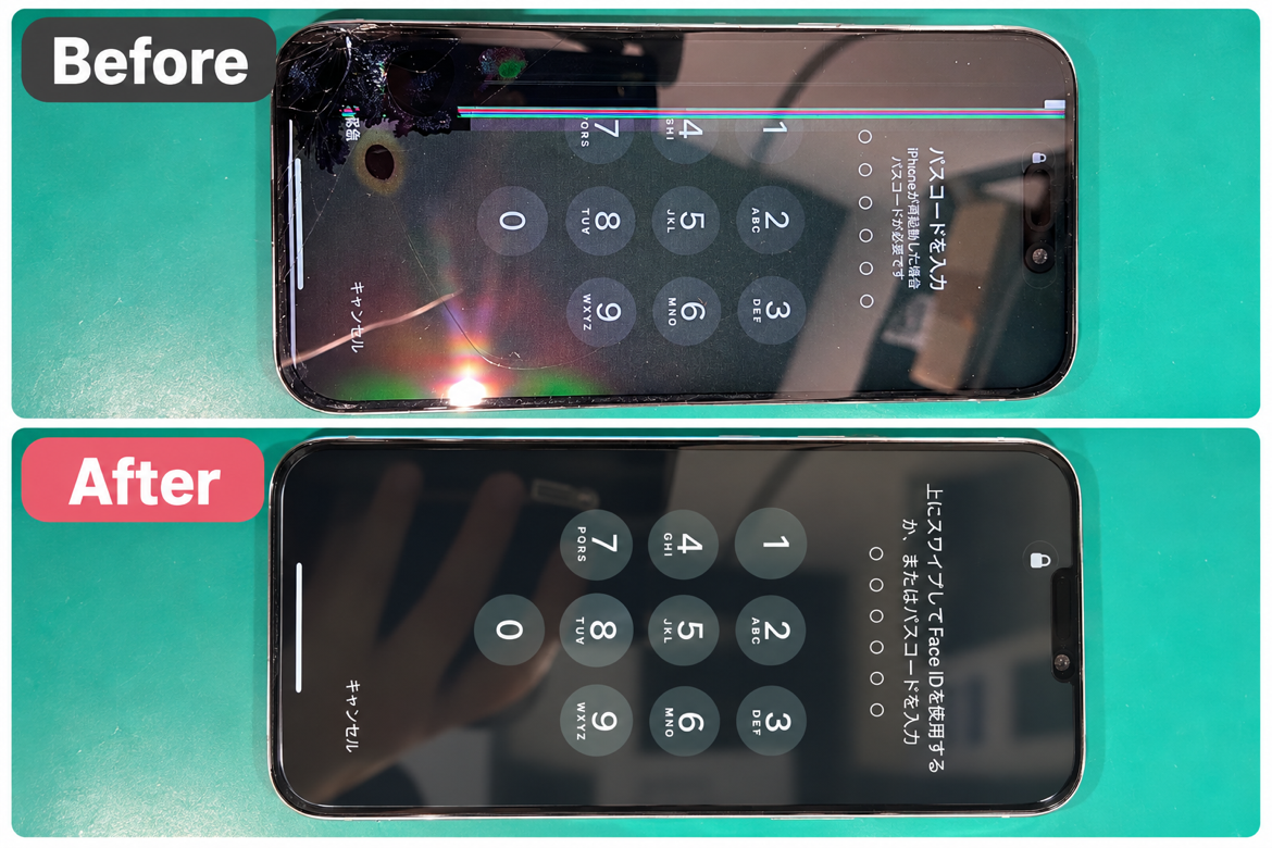 iPhone 15を落として画面に線が！液晶不良とガラスフィルム交換を行った修理事例をご紹介