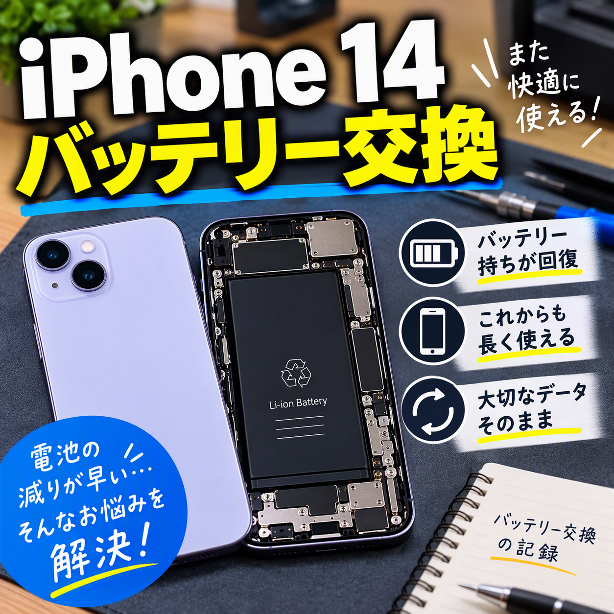 ✅突然の電源落ちに注意！バッテリー交換修理を行いました📱スマホ修理工房天神地下街店