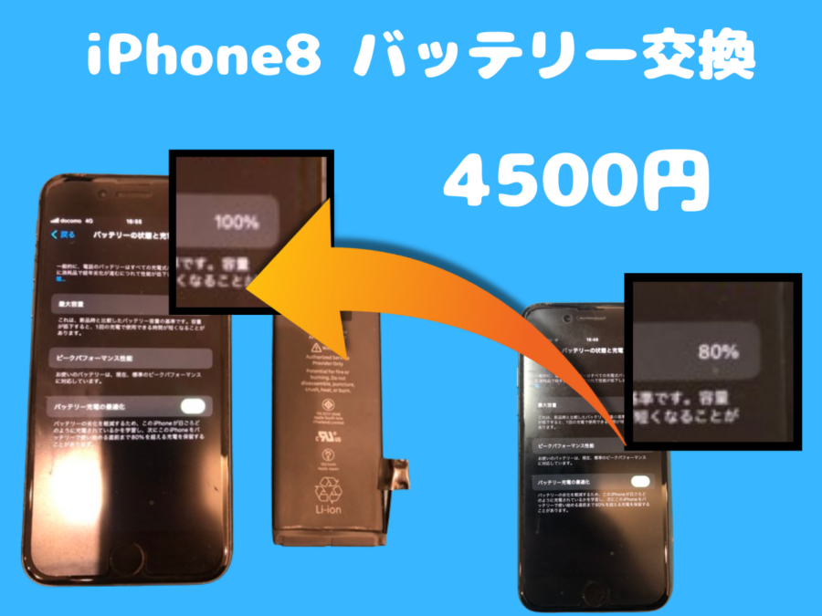 長年頑張っていたiPhone8ですが、そろそろバッテリーが限界そうです...('ω')【スマホ修理工房イオンモール福岡店】