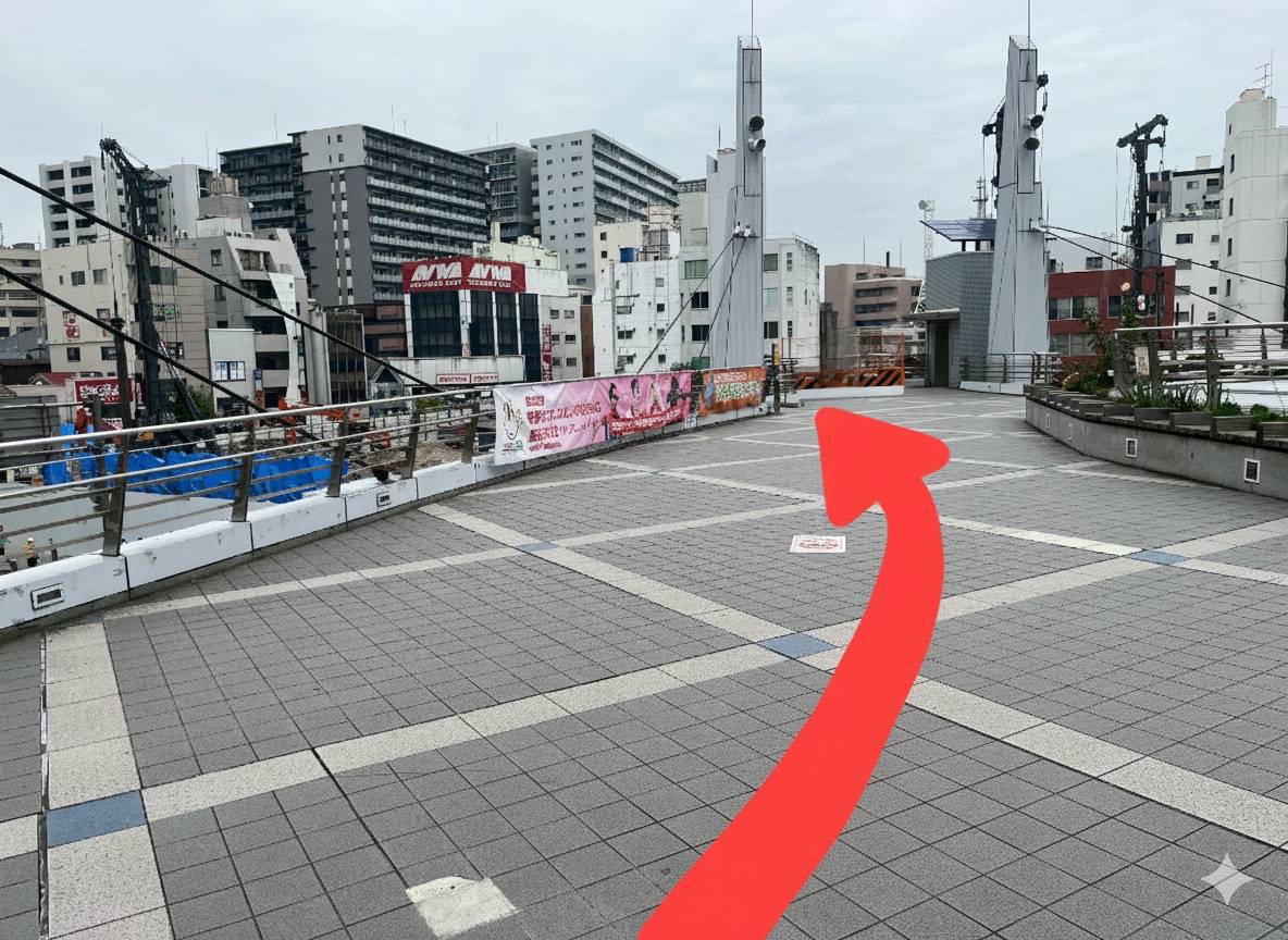 { 東口改札を背に奥へ進むと左側に階段があります。 }