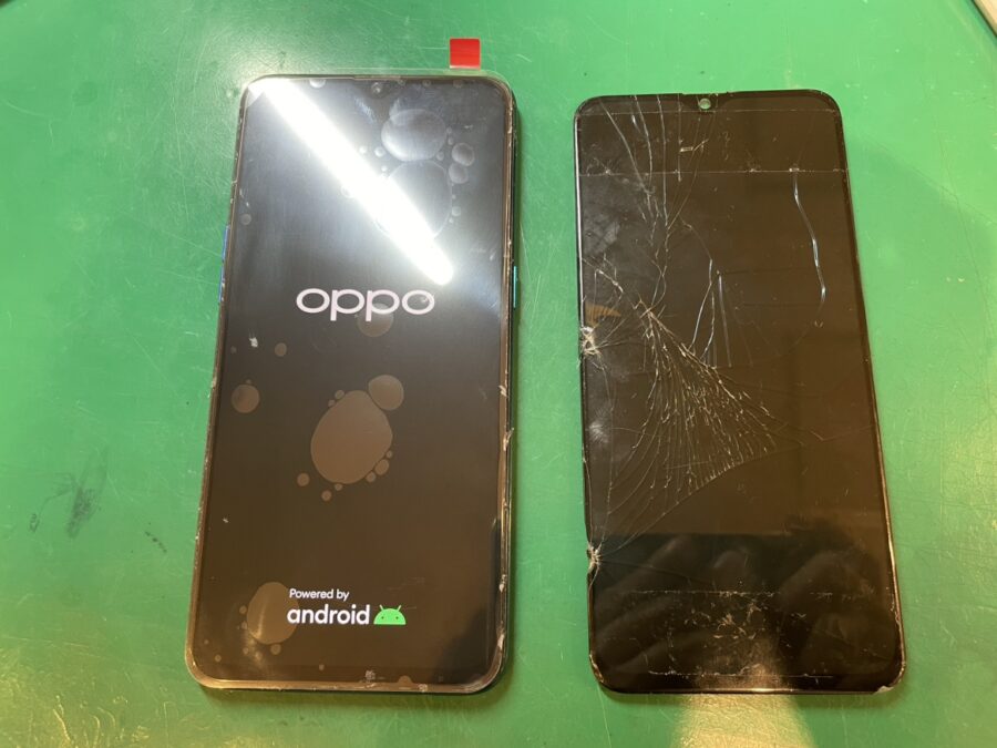 画面割れ＋液漏れのOppo RenoA（オッポ）も画面交換で元通りに！【スマホ修理工房新宿PePe店】