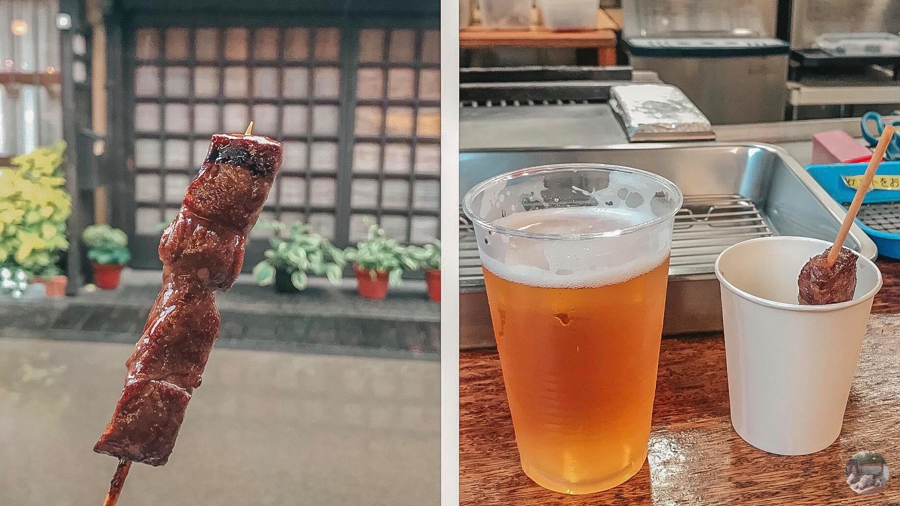 Beef skewer and draft beer