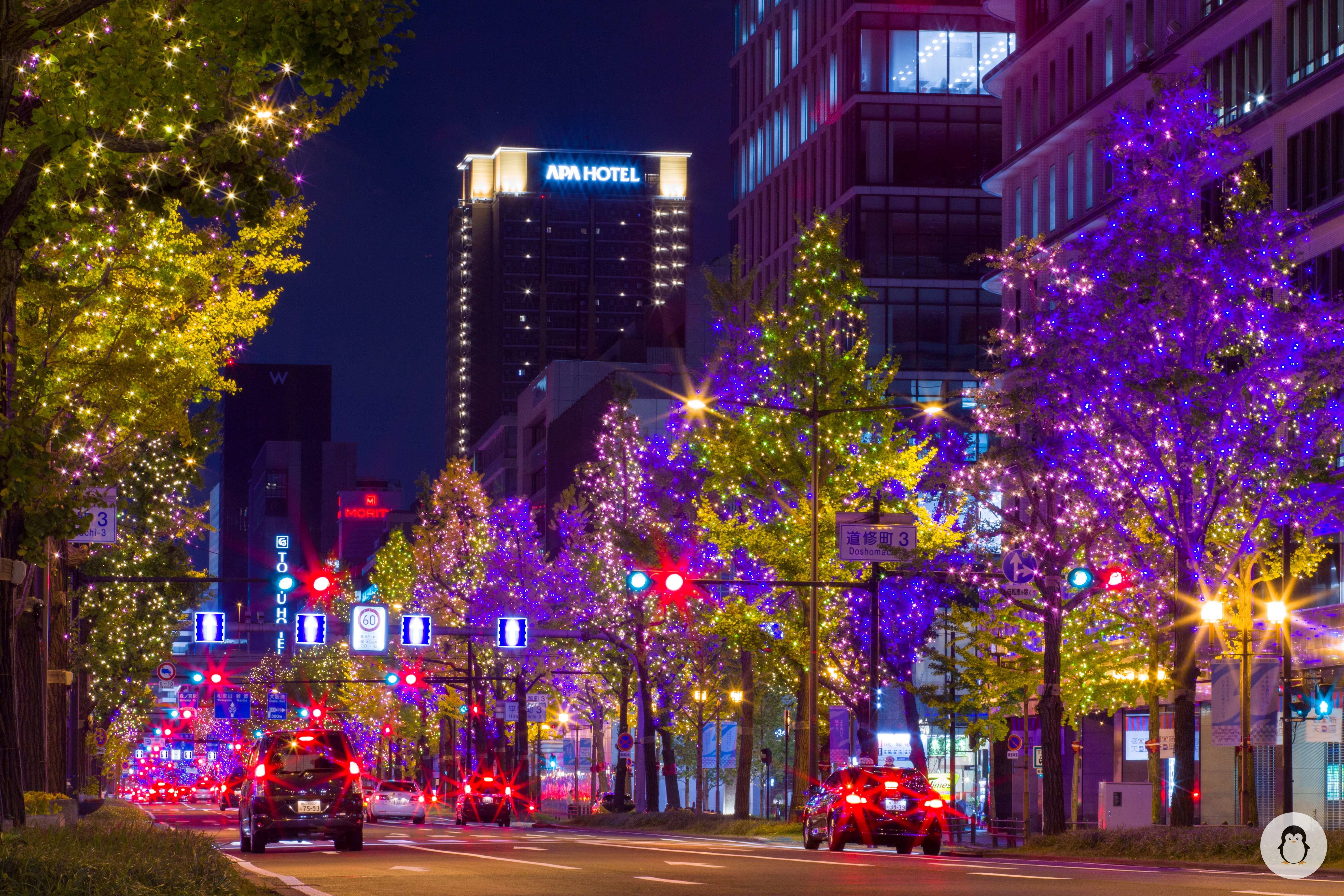 A corner of the road during the wonderfully lit Midosuji