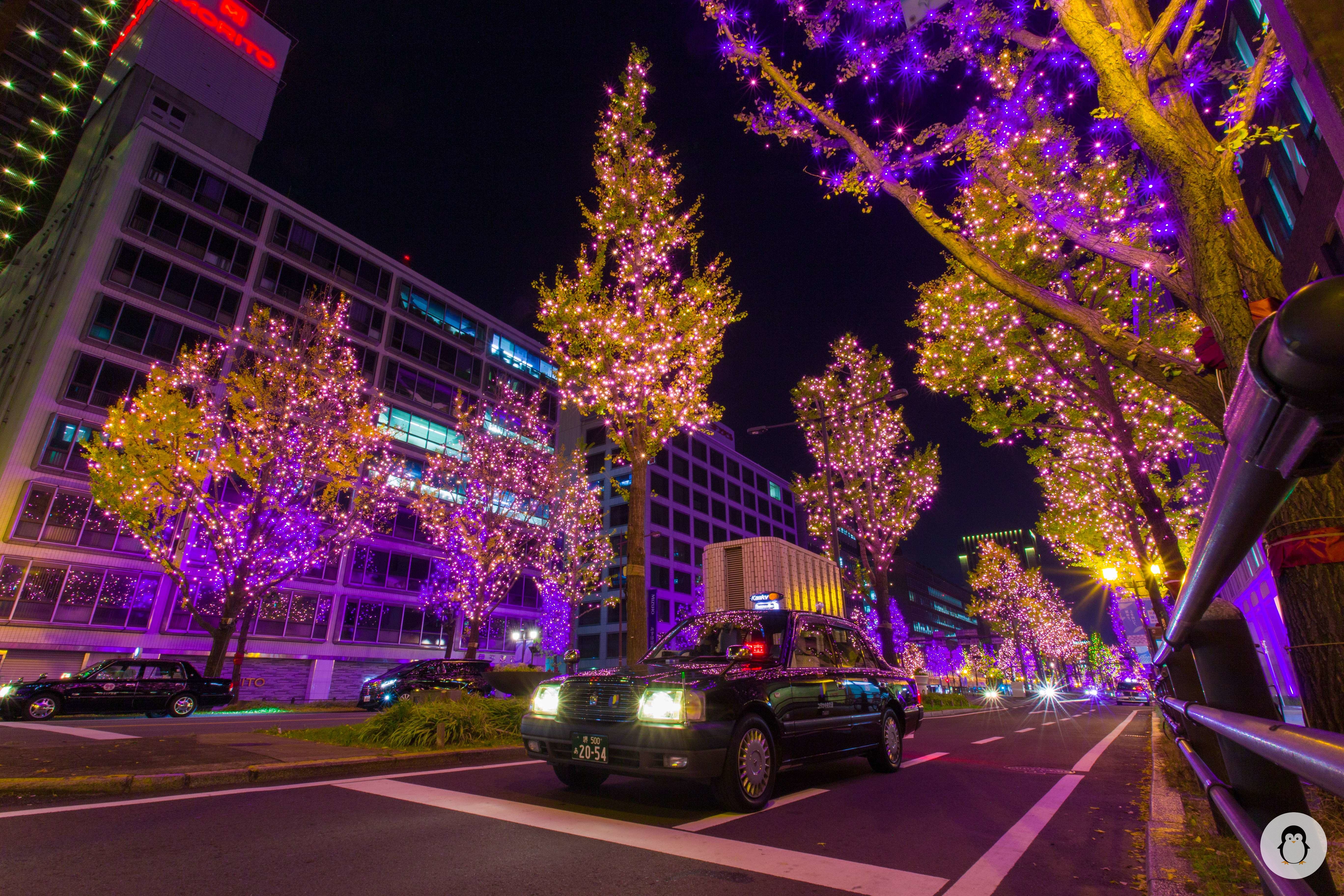 The roadside buildings covered with dazzling lights