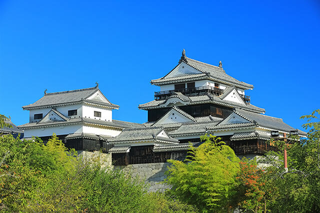 Matsuyama Castle with impressive tall and stable watchtowers and walls