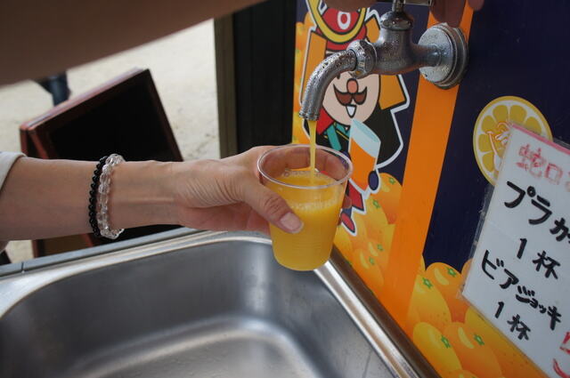 Drinking tangerine juice directly from the tap