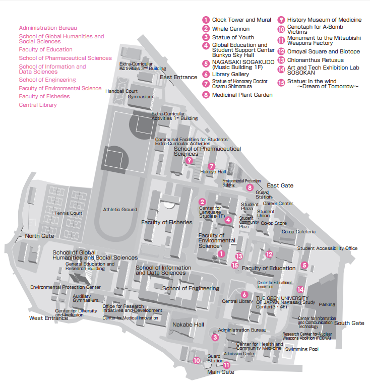 Map and sight-seeing points at Nagasaki University (Image taken from the school's guidebook)