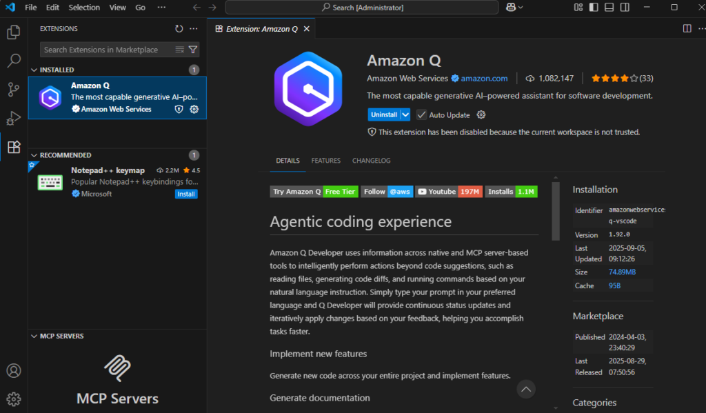 Visual Studio Code 安裝 Amazon Q Developer