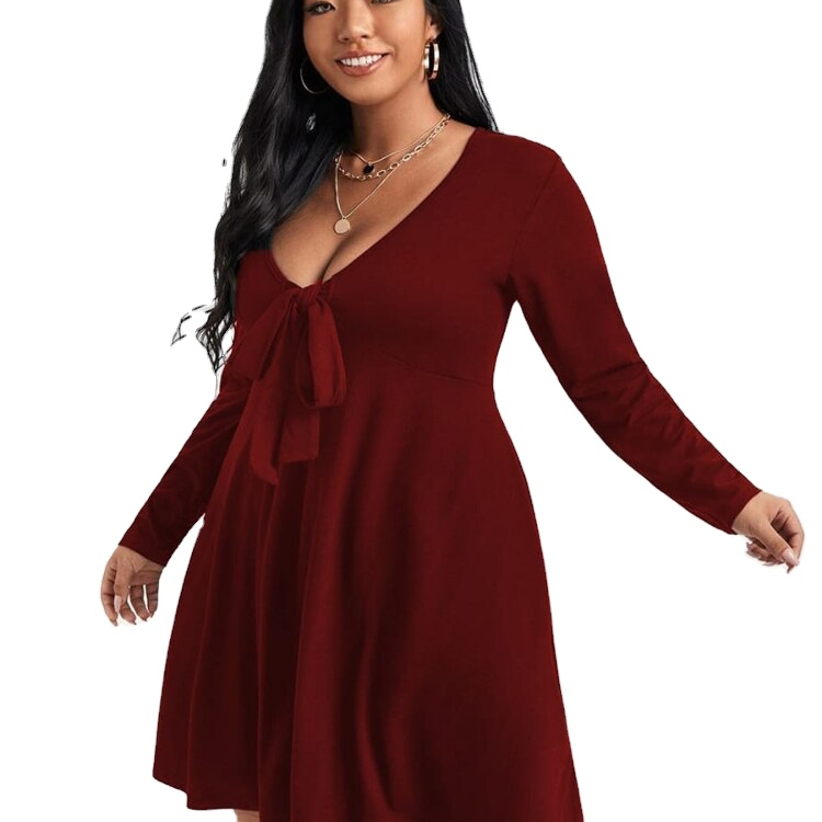 Fashion Deep V Long Sleeve Plus Size Dress Sexy Bow Lace Up Slim Party Mini Dress Casual Women&#39;s Clothing Ladies In Offers 4xl