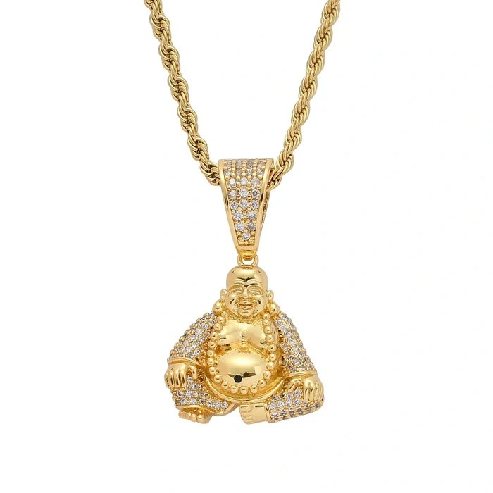 Micro Pave Laughing Buddha Certified Gold Pendant Real Diamond Necklace With 24" Rope Chain For Woman Men