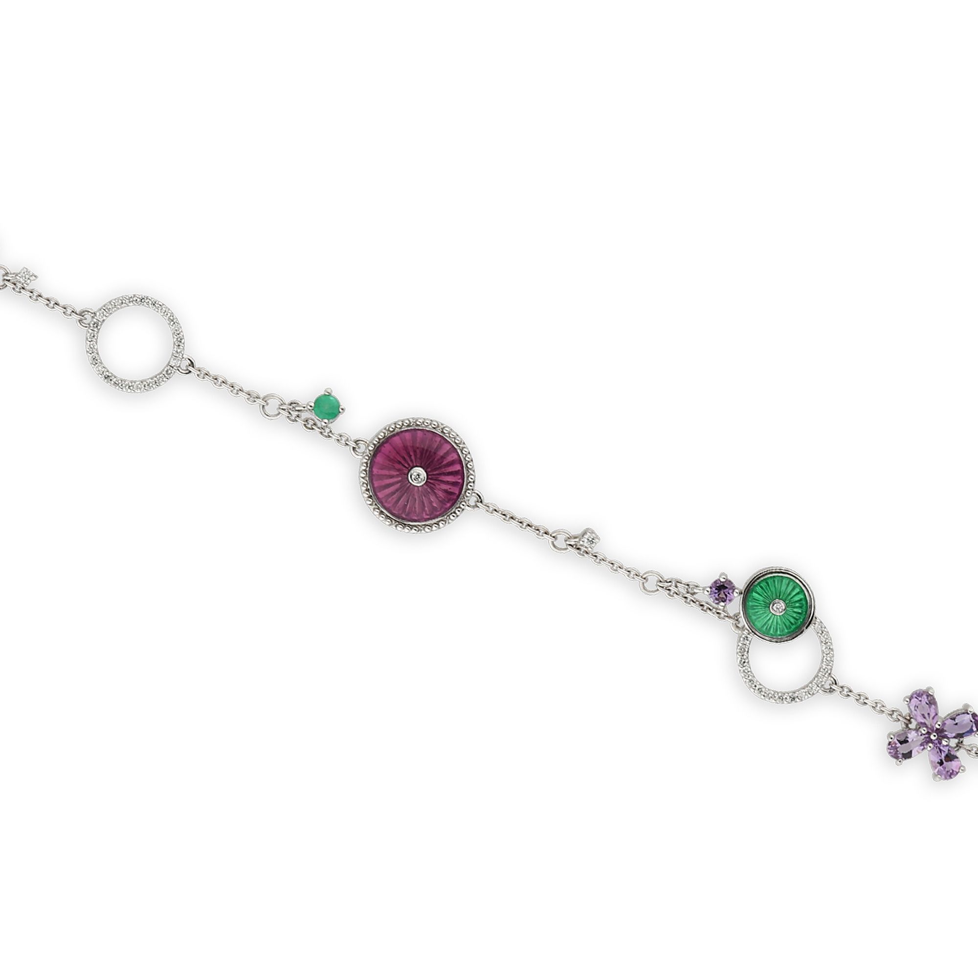 White Gold Bracelet With Emeralds,Diamonds,Amethysts And Guilloche Enamel Elegant Luxury Fine Fashion Jewelry