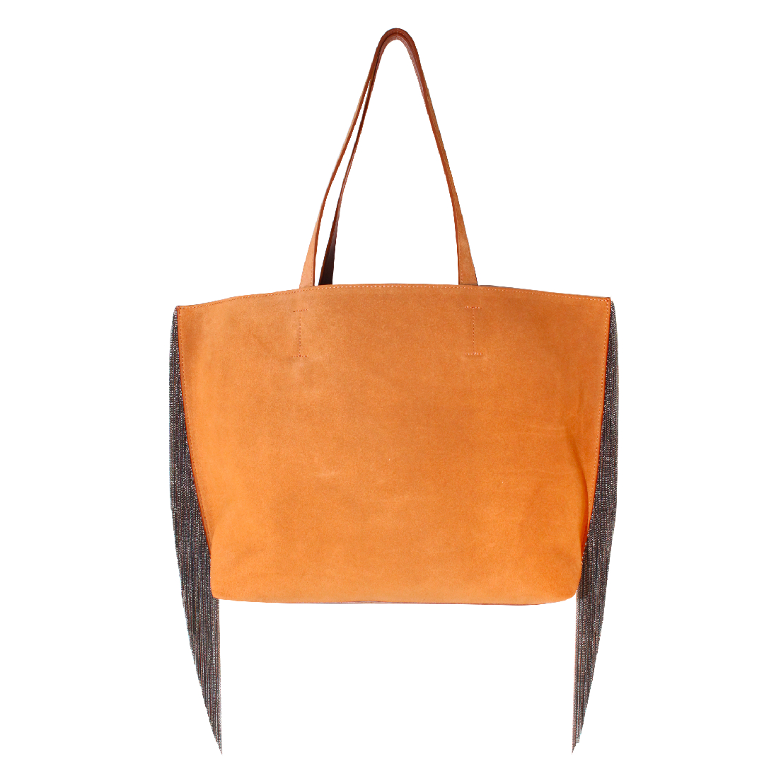 V Tote Fringed Bag Luxury Made In Italy Camel Suede Leather Bag With Brass Fringes Boho-chic Touch For Retail And Wholesale 