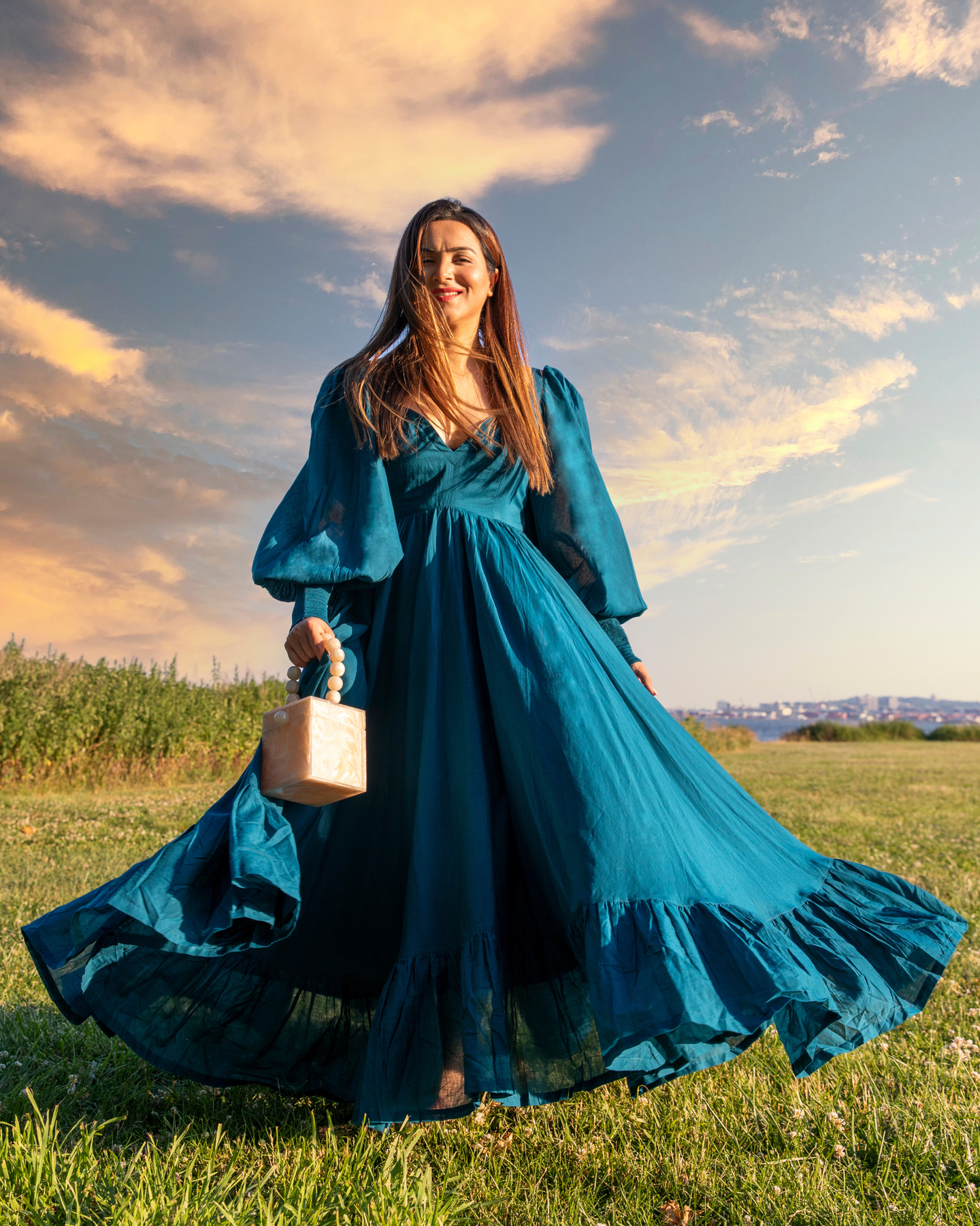 Women Party Wear Long Satin Maxi Dresses Long Sleeve Ruffle Designer Neck Fashionable Dress 