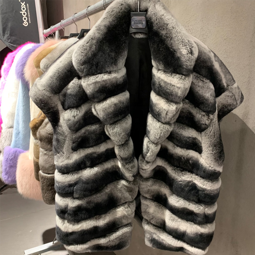 Rex Fur Vest Dyed Chinchila Coat Sleeveless Lady Rabbit Fur Gilet Ladies Jacket