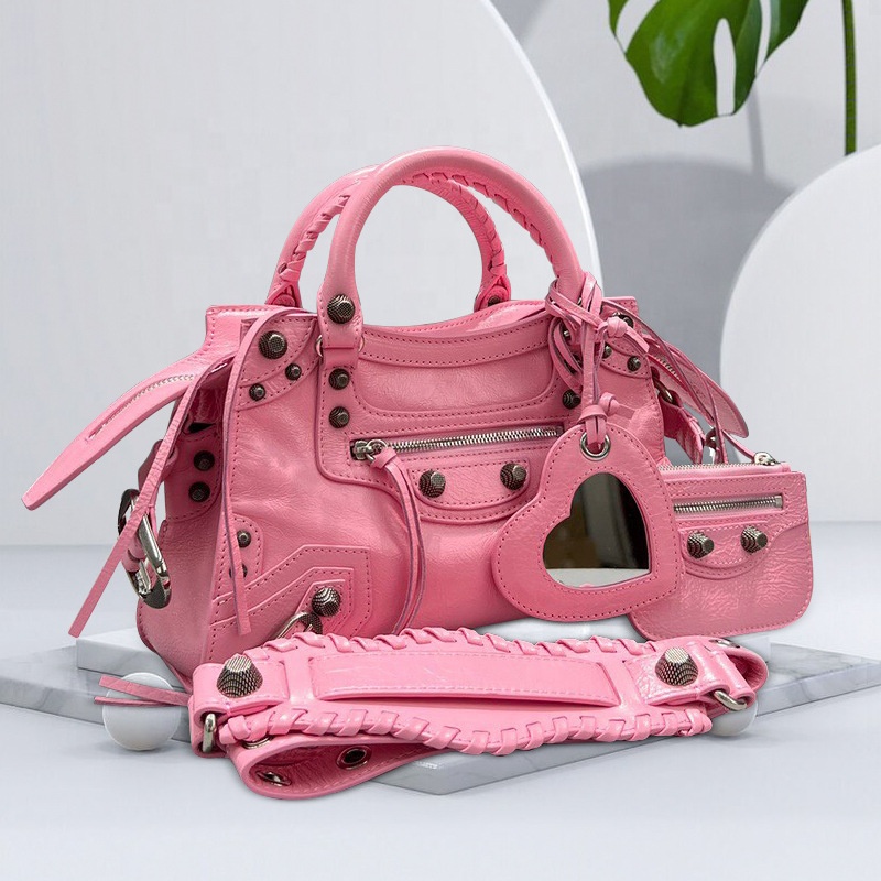 fashion women genuine leather pink studs hand bags with mirror purse new for ladies Locomotive eyelets crossbody motorcycle bags