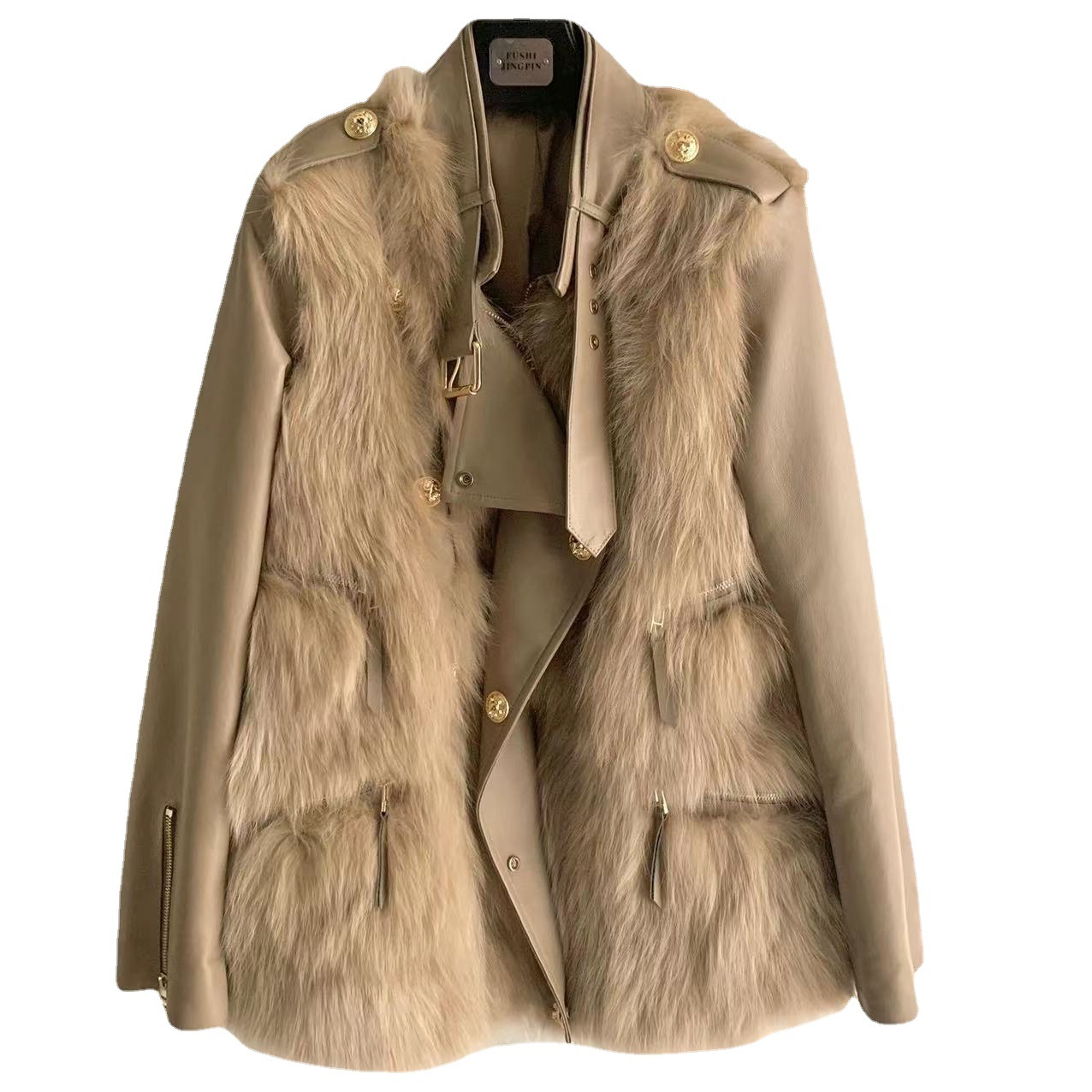 2023 Lady&#39;s Trendy Slim Khaki Color Early Spring Outdoor Wear Natural Fox Fur Splicing Sheep Skin Jacket Coat Women 