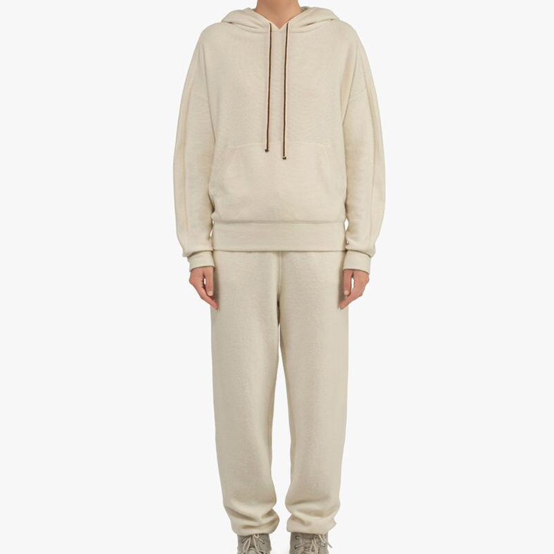 OEM 100% cashmere Women Pants and Sweater Two piece  Solid sweater two piece pants set Women Hooded Sweater Suits Set