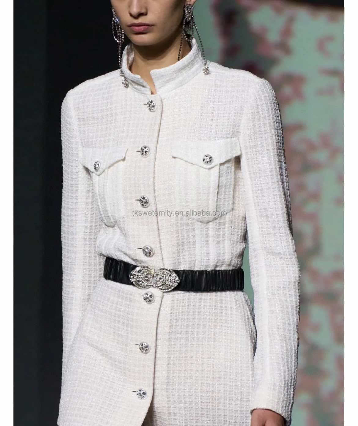 Top Quality Luxury Design with Logo Rhinestone Pearl Button 100% Real Silk Lining Knitted Jacket Girls Midi Tweed Blazer Dress