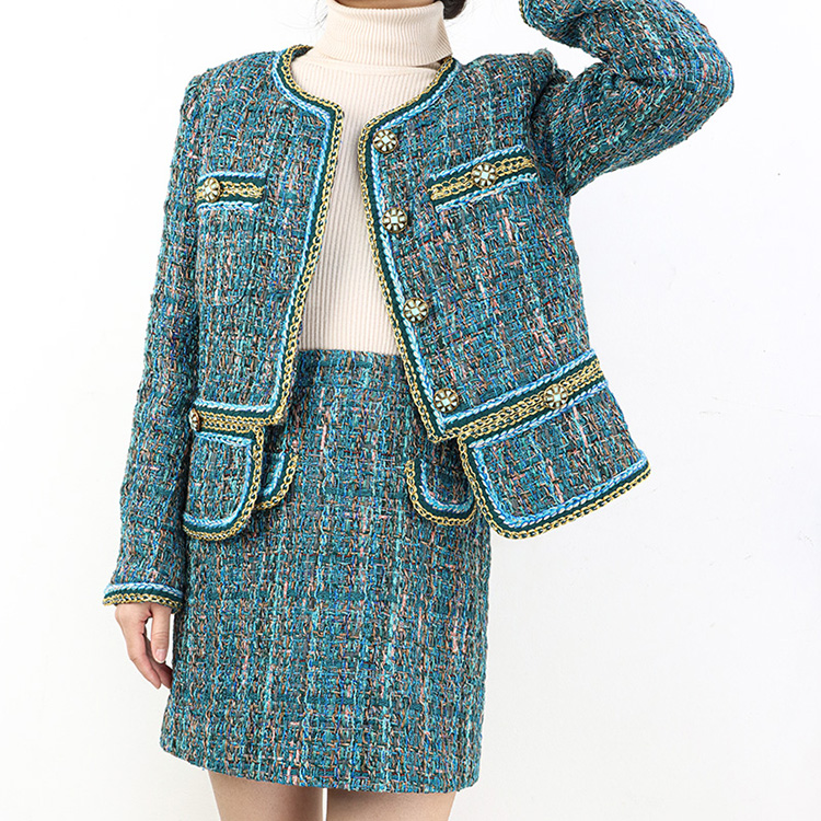 Factory Price Heavy Woven Women&#39;s Jacket Set High-waisted Tweed Two-piece Women Set 