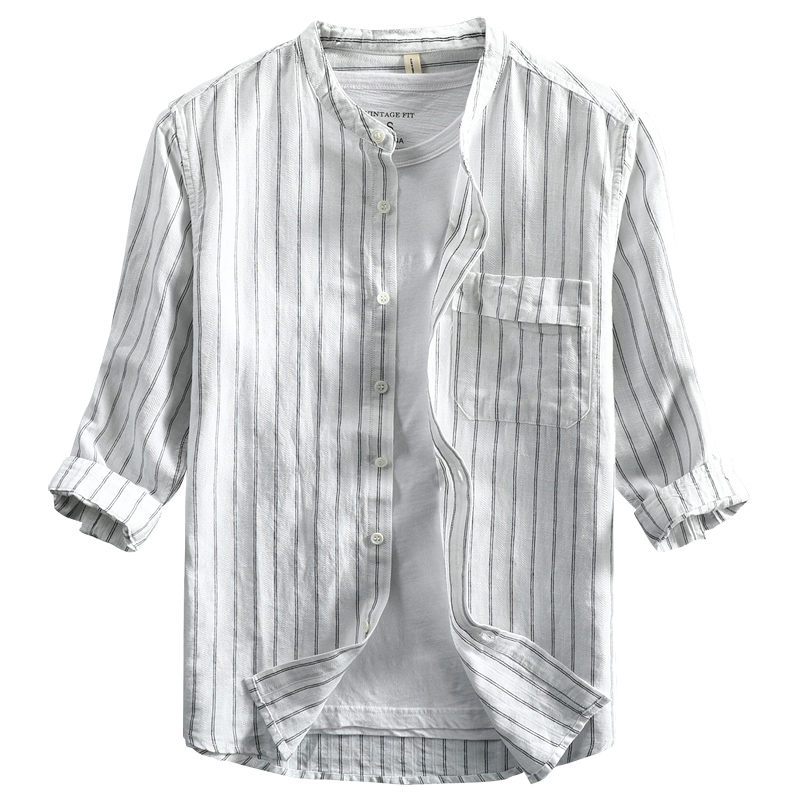 Summer Men&#39;s Casual Linen Shirt Seven-point Sleeve Stripe Stand Collar Thin Chinese Style Yarn-dyed Cotton And Linen Youth Shirt 