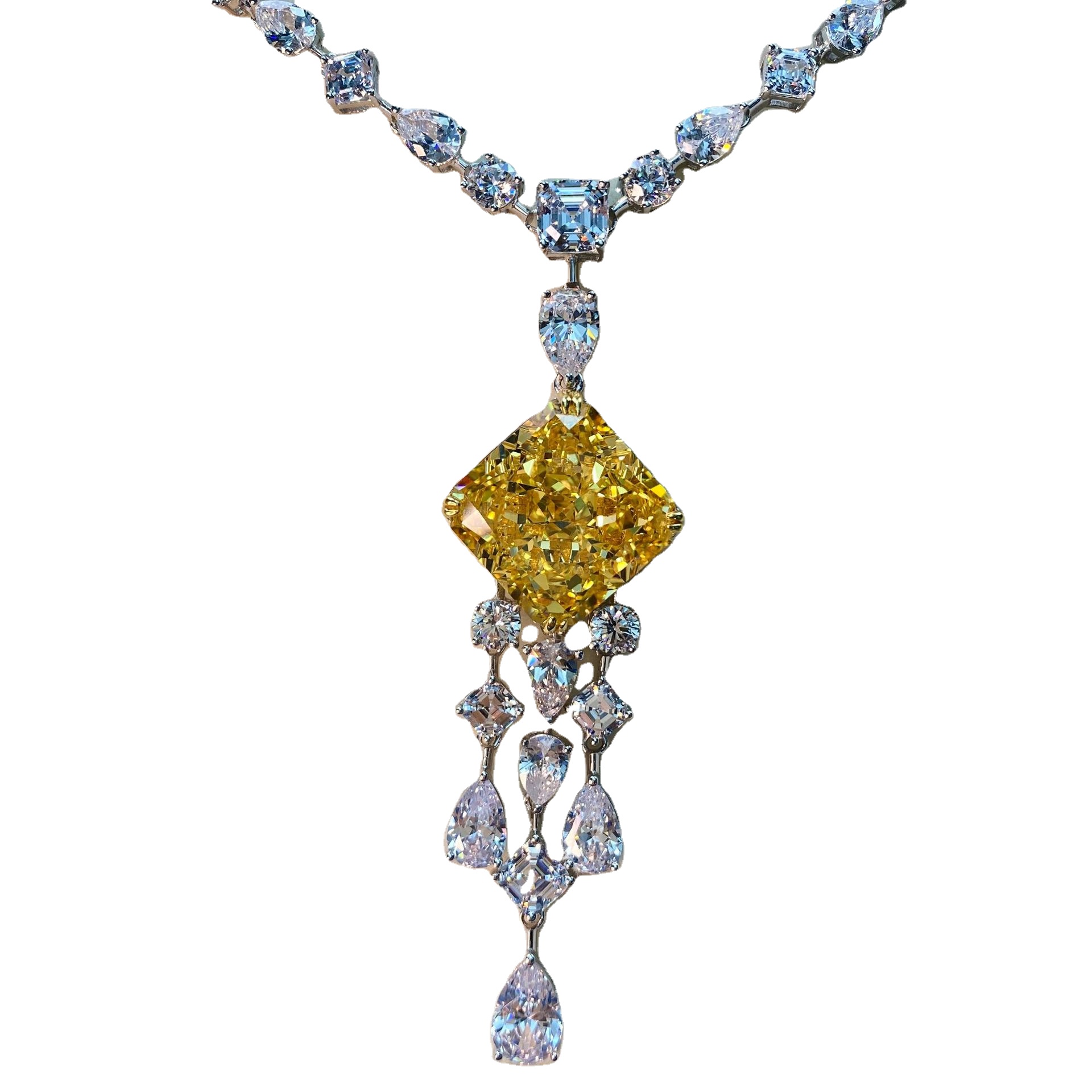 New Sterling Silver Luxury Inlaid Yellow Large Diamond Women&#39;s Sweater Long Ethnic Wind Flower Necklace 