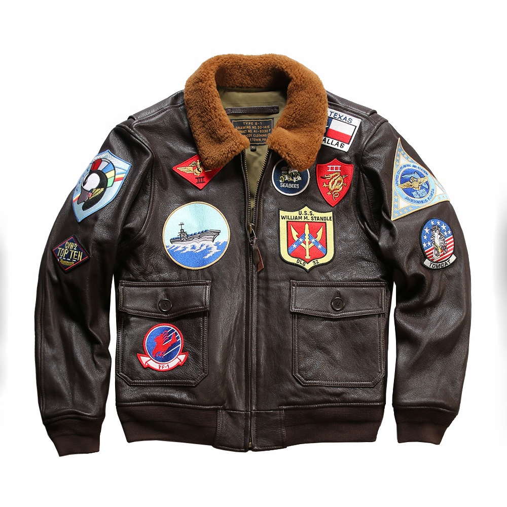 OEM Classic Custom High Quality Embroidery Top Gun Bomber Real Leather Jacket Motorcycle Fur Collar Vintage Men's Goat Skin Coat