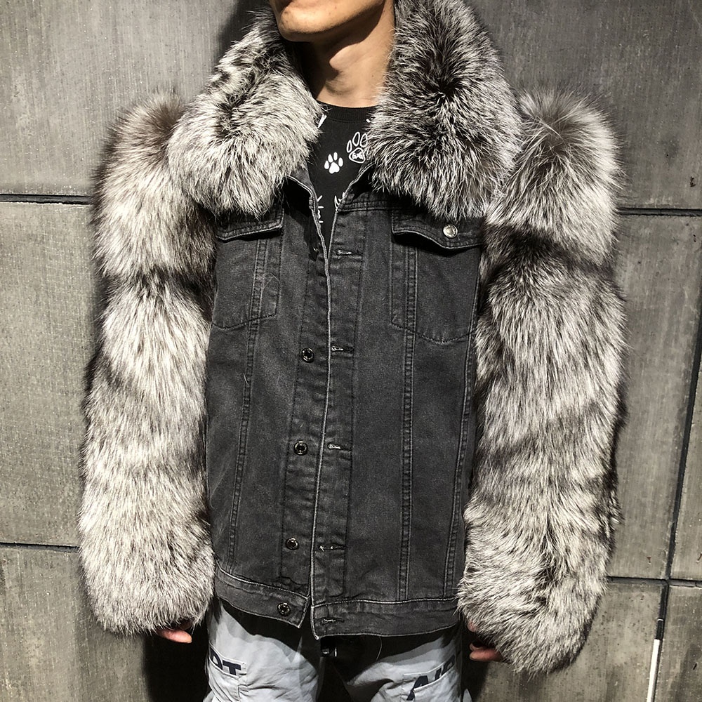 Men&#39;s Fur New Design Denim Jacket With Fur Men Fox Fur Sleeve Men&#39;s Coats 