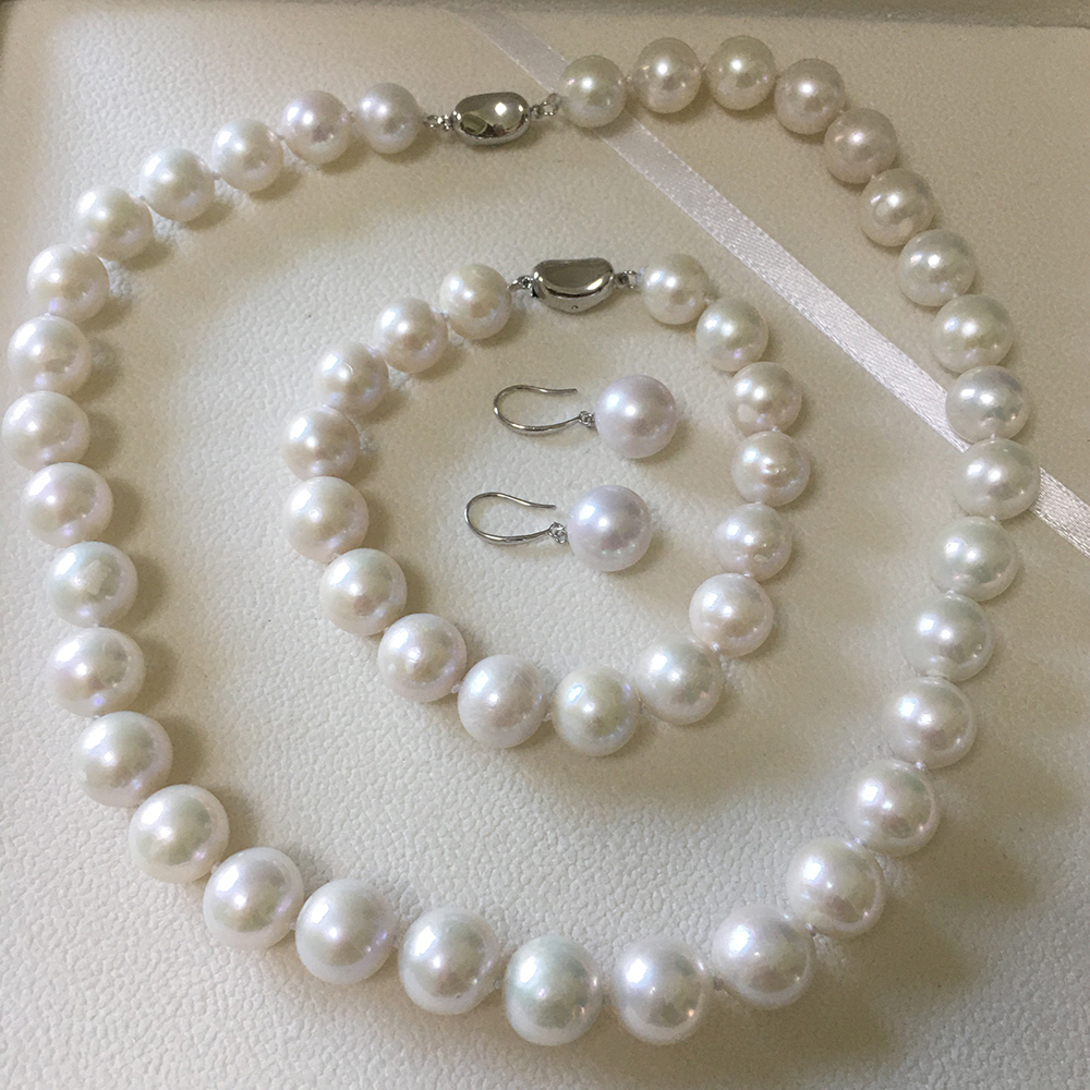 Good Quality Natural Pearl Jewelry Set,16 Inch Necklace Bracelet And 925 Silver Earring,9-11 Mm Round Freshwater Pearl Jewelry 