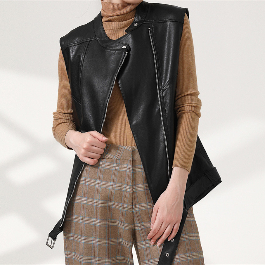 Sheepskin Vest Women Casual European Style Solid Color Black Zipper Coat Cool Girl&#39;s Round Neck Waistcoat 