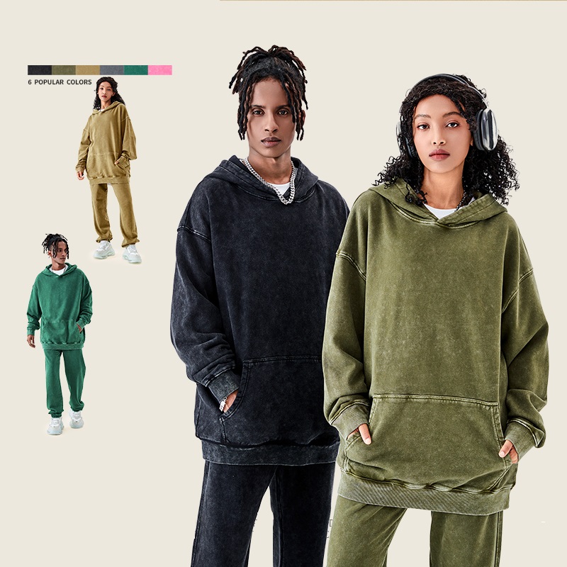 Wholesale unisex cotton hoodie acid wash hoodie set hoodie and jogger set