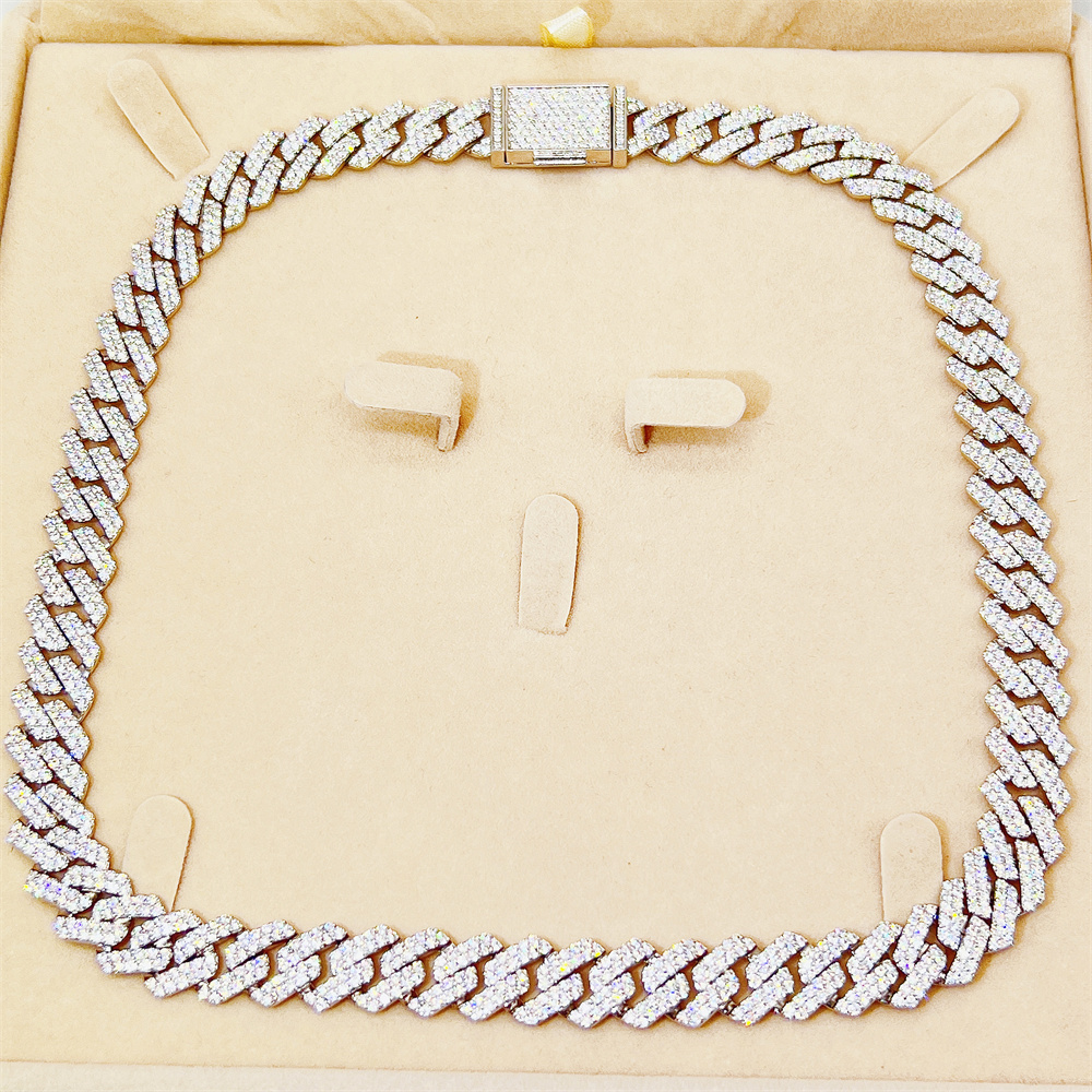 Hip Hop 10k White Gold 12mm 20inches Moissanite Diamond Iced Out Cuban Link Chain Necklace