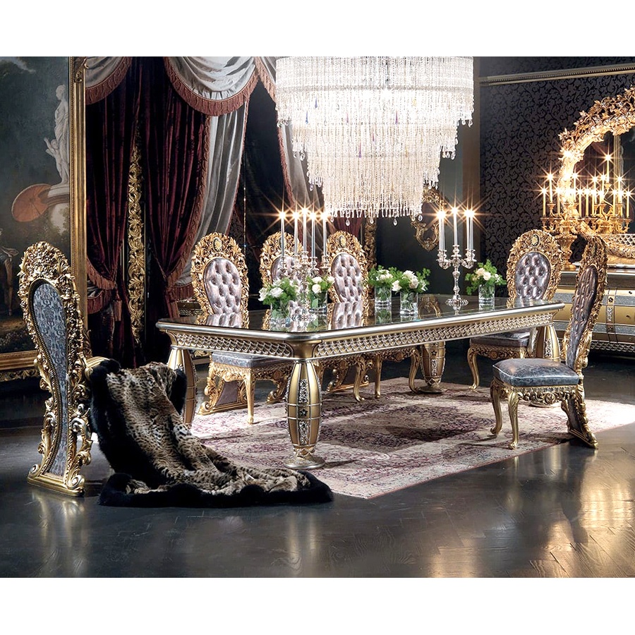 European Classic Style Elegant Antique Gold Wooden Dining Room Furniture Sets With Dining Table And Chairs 