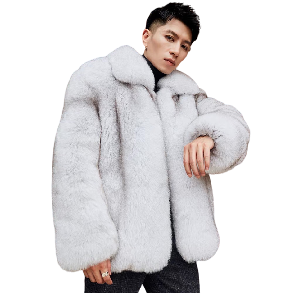 New Arrives casaco de pele de raposa Solid Color Double layered collar Winter Fluffy outerwear Men Long Fur Coat