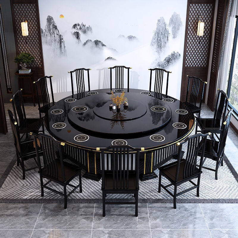Hotel Electric Large Round Table New Chinese Style Solid Wood Dining Table 