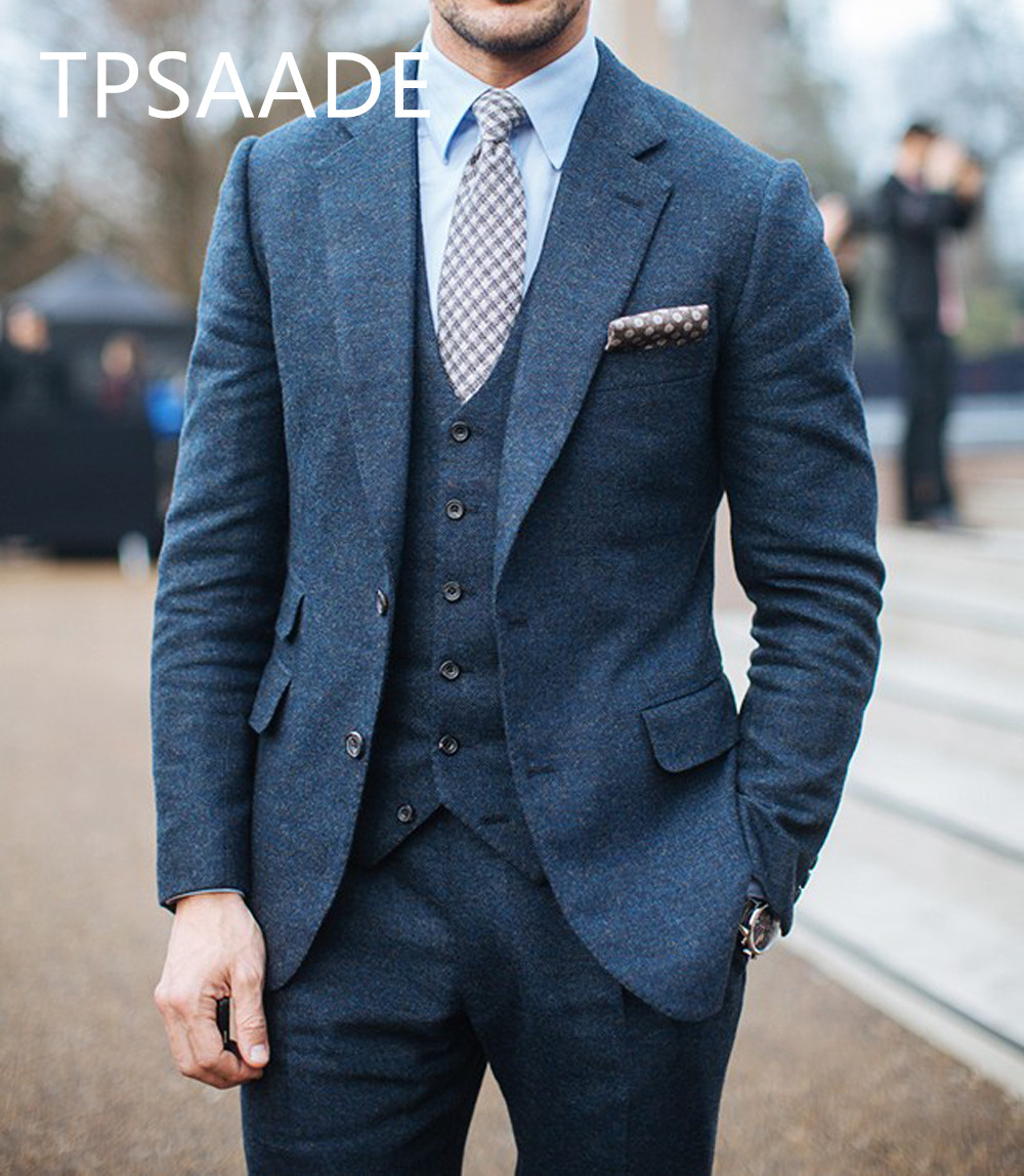 100% Wool Men Suits Luxury Blue Grey Flannel Business Suits For Men,Besopke 3-piece Style Dress Suit Costume Homme 