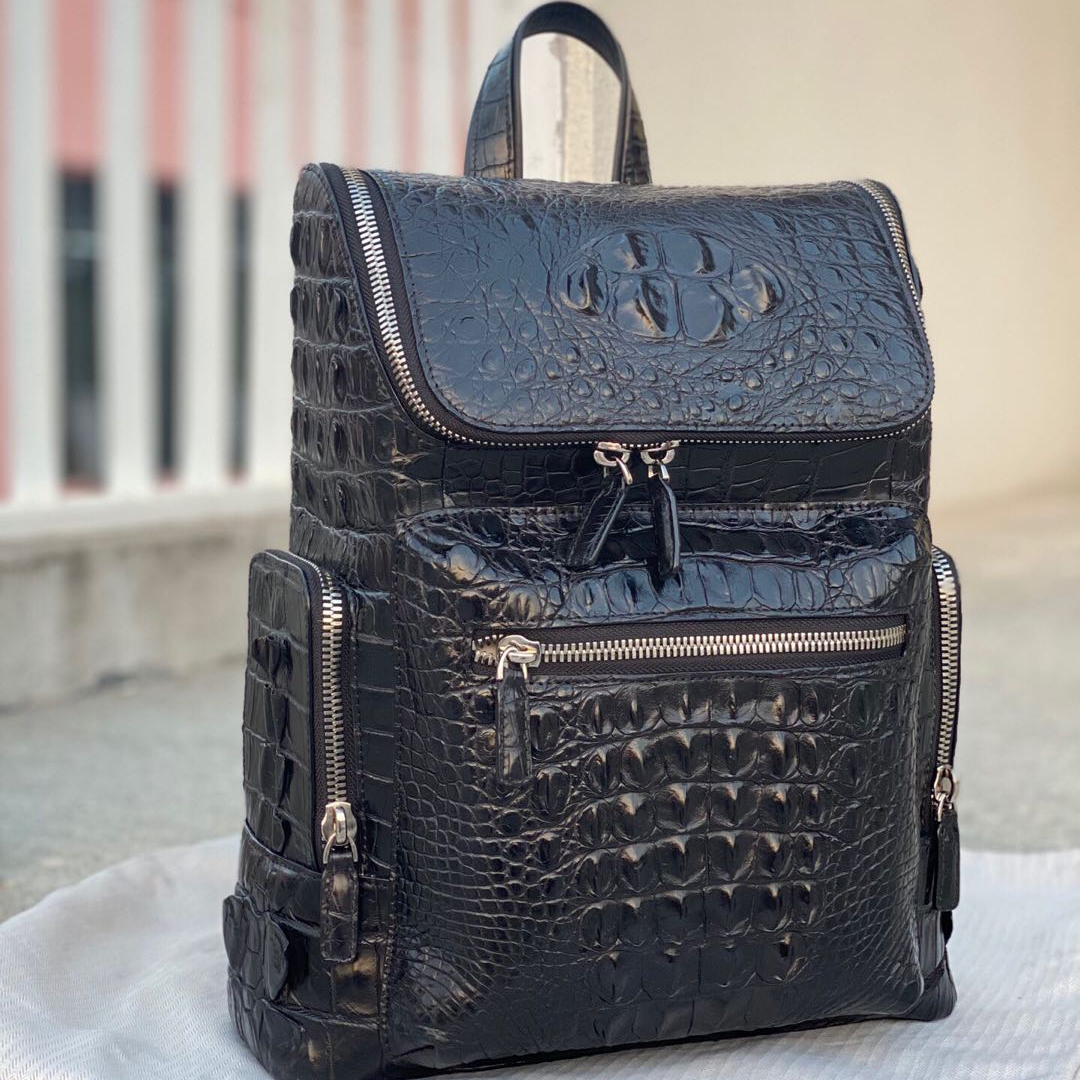 Black Luxury Men&#39;s Women&#39;s Unisex Business Laptop Genuine Crocodile Leather Backpack Bags 