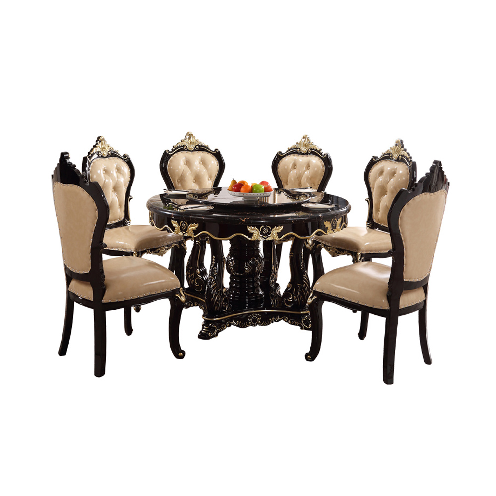 Luxury European Style Round Wood Carved Dining Table Marble Rotating Table Set 6 Seaters 