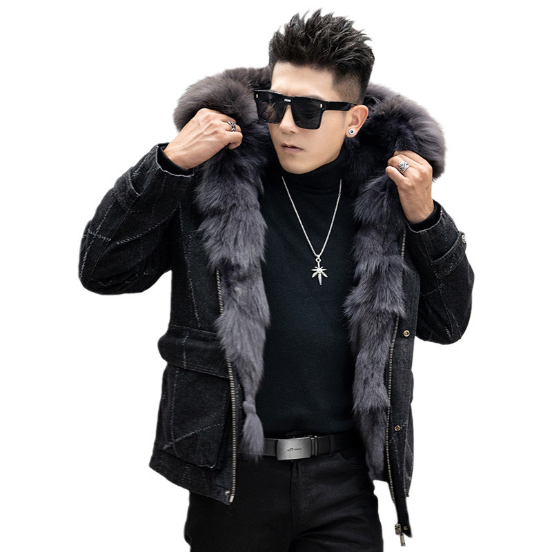 High Quality Winter Men Fox Fur Collar Denim Jacket Genuine Fur Jacket Men&#39;s Parka 