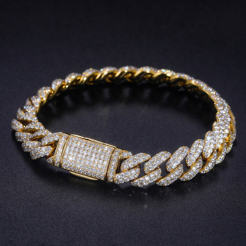 10mm 18k Solid Yellow Gold Pass Diamond Tester Vvs Moissanite Iced Out Cuban Link Bracelet 