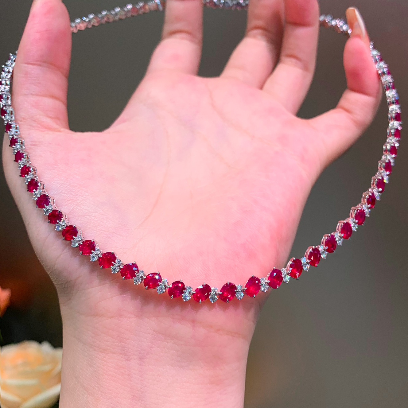 Simple Dainty Red Ruby 22.65ct Necklace Natural Faceted Solid Strand Beaded Jewelry 18k Diamond Pendant Necklace Valentines Gift 