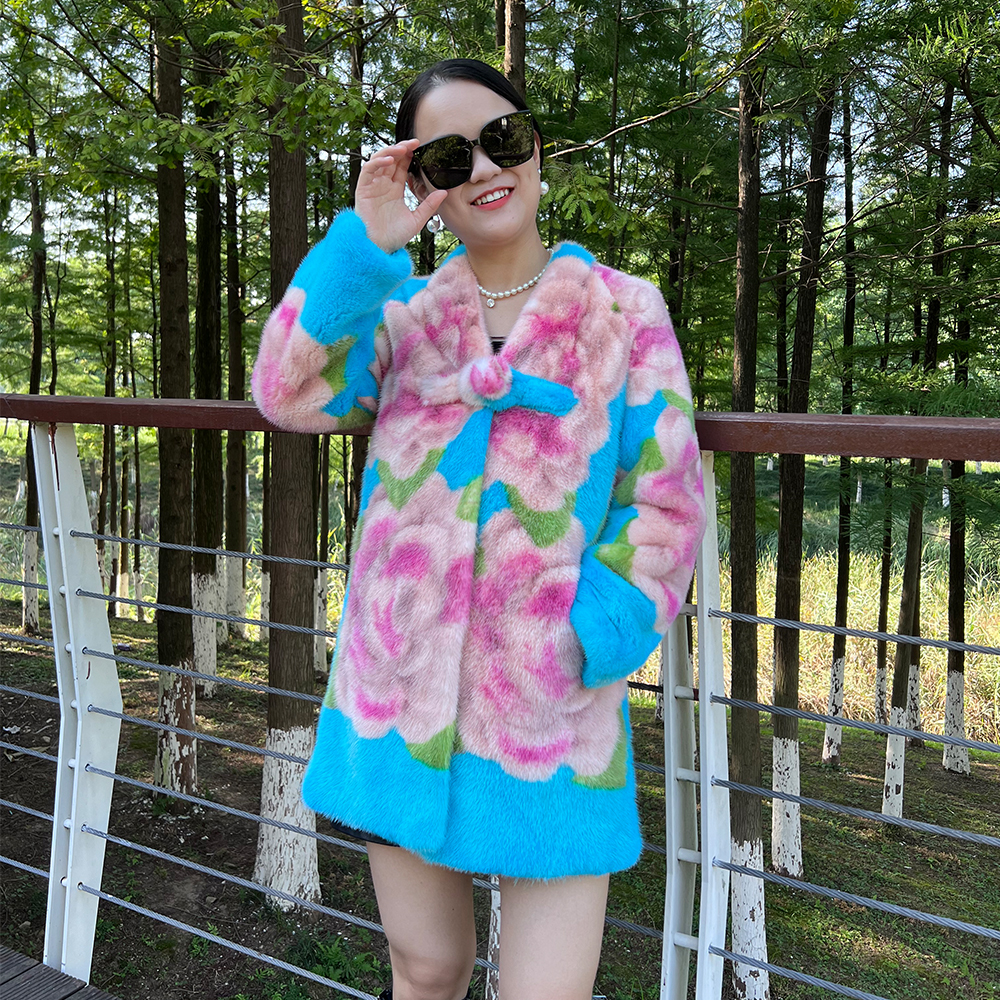 Ladies 2023 Real Mink Fur Coat Multicolor Fashionable Women Mink Fur Coat Design With The Bigger Flowers Fur Jackets 