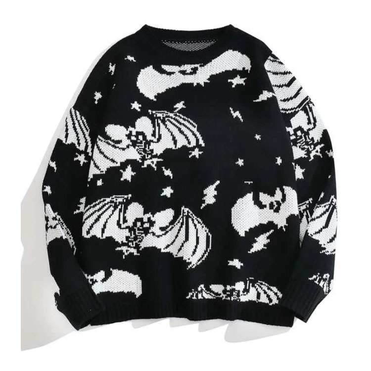 Custom New Men's Halloween sweater white bat jacquard black round neck Pullover Sweater
