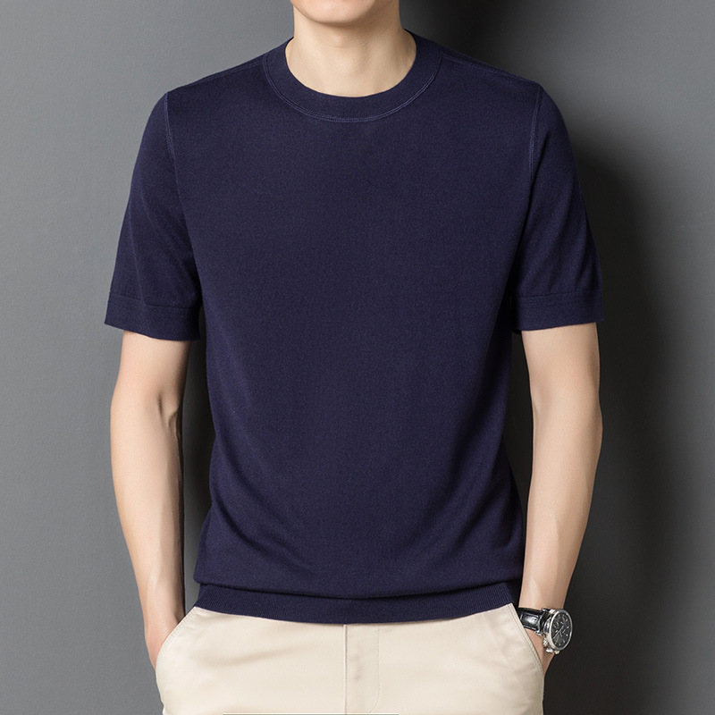 Factory Wholesale 3 Colour Men&#39;s Knitted Natural Luxury Silk Cashmere Breathable Crew Neck Short Sleeve T Shirt 
