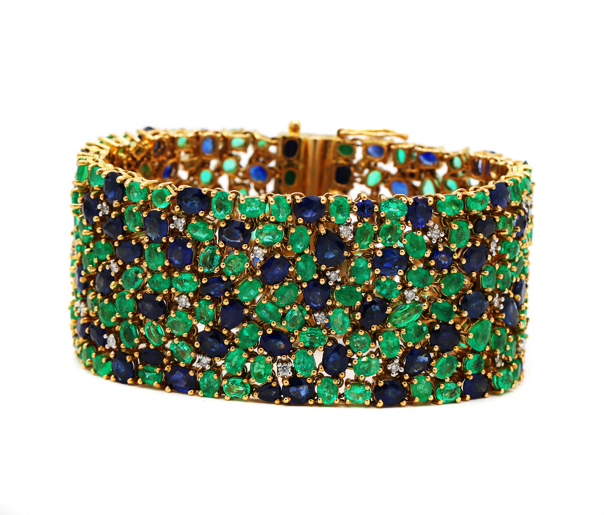 Aaa+ Colombian Emerald,Blue Sapphire &amp; Diamond 18k Solid Yellow Gold Bracelet Wholesale