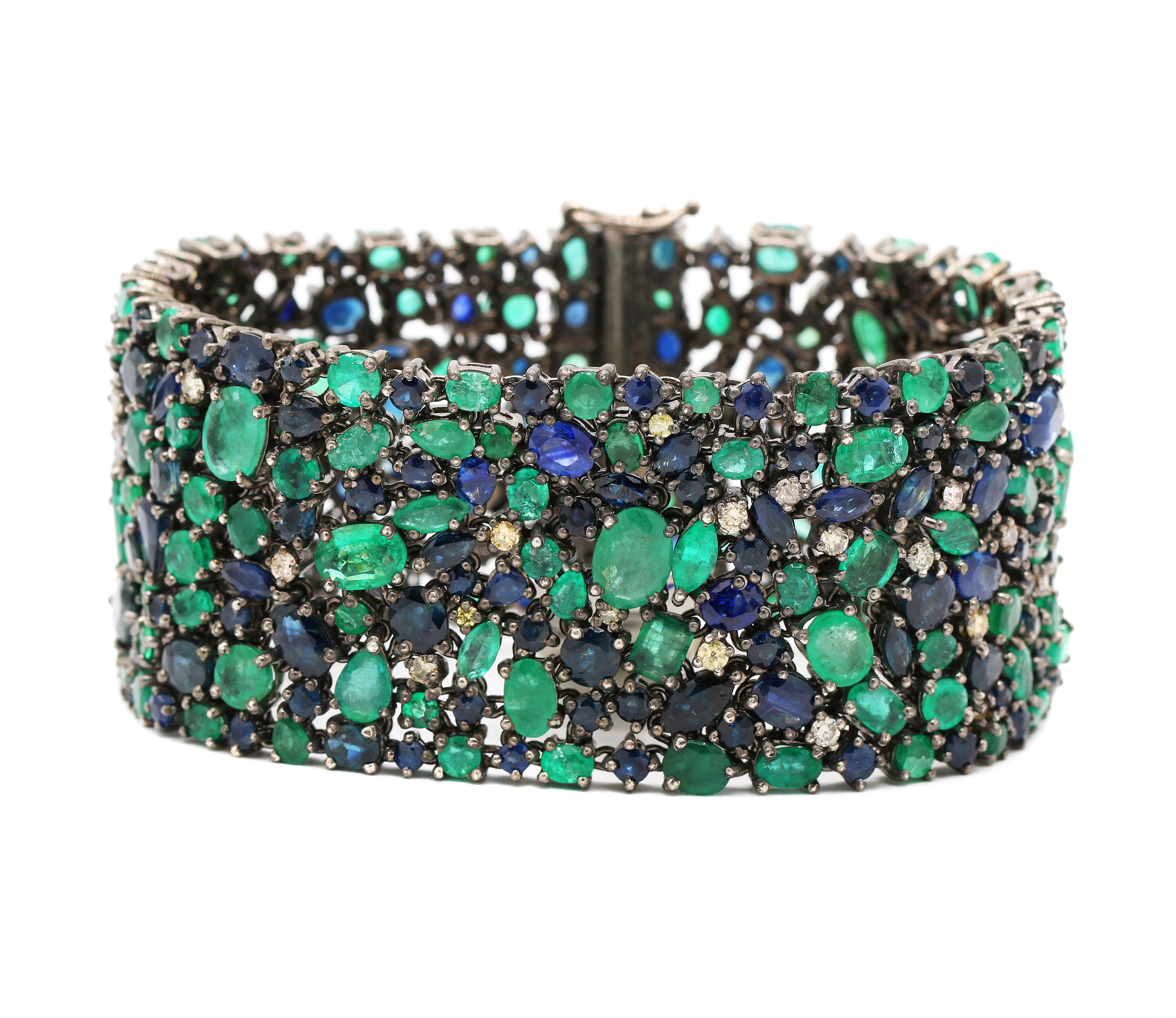 Natural Emerald,Blue Sapphire With Diamond Gemstone 925 Silver Black Rhodium Plated Bracelet Jewelry For Women Wholesaler