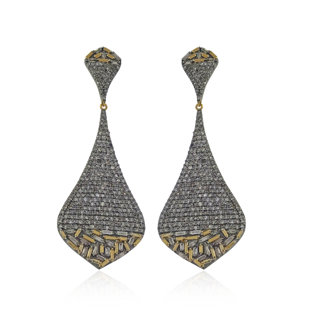 14k Gold,Oxidized 925 Silver Natural Baguette,Pave Diamond Designer Dangle Earrings Women's Jewelry Wholesale 