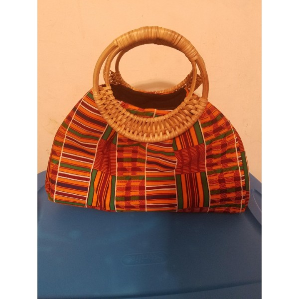 African Kente Printed Bag Purse Wax Cotton Traditional Wicker Handle Bags Hand-crafted Tote Purse Kent Women Bag 