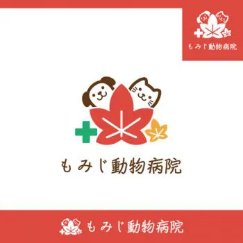 犬や猫を中心に、鳥や小動物などの診察を行う動物病院「もみじ動物病院」のロゴ