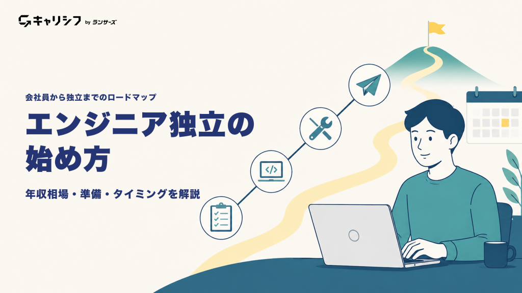 エンジニア独立の始め方 ― 年収相場・準備・タイミングを解説。ロードマップとノートPCで作業するエンジニアのイラスト
