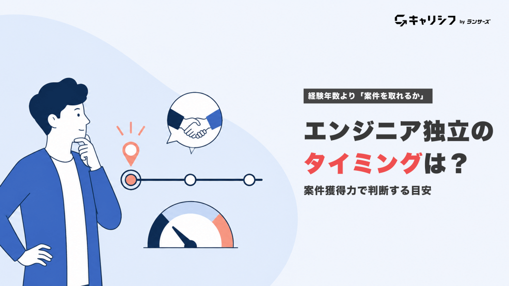 エンジニア独立のタイミングは？ 案件獲得力で判断する目安。考え込むエンジニアとメーターのイラスト